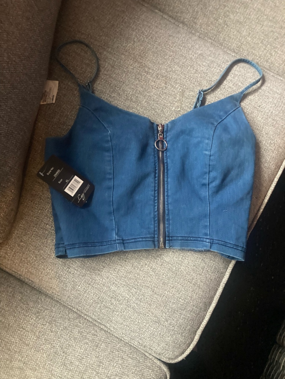 Jean Blue Zip-Front Cropped Tank Top